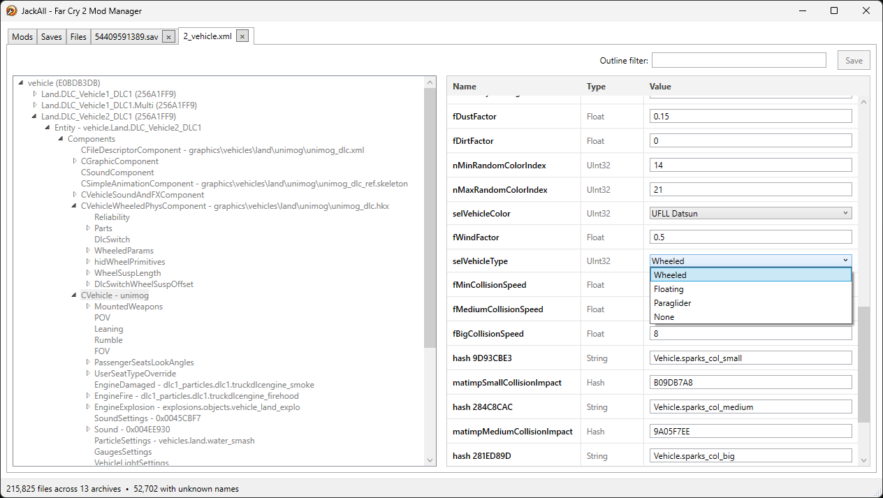 The structured .fcb value editor — component tree on the left, typed fields (including enum dropdowns) on the right