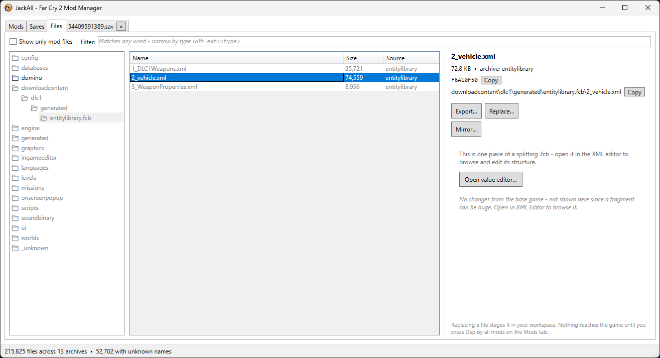A splitting .fcb's fragments, one per entity, each with its own Export/Replace/Mirror