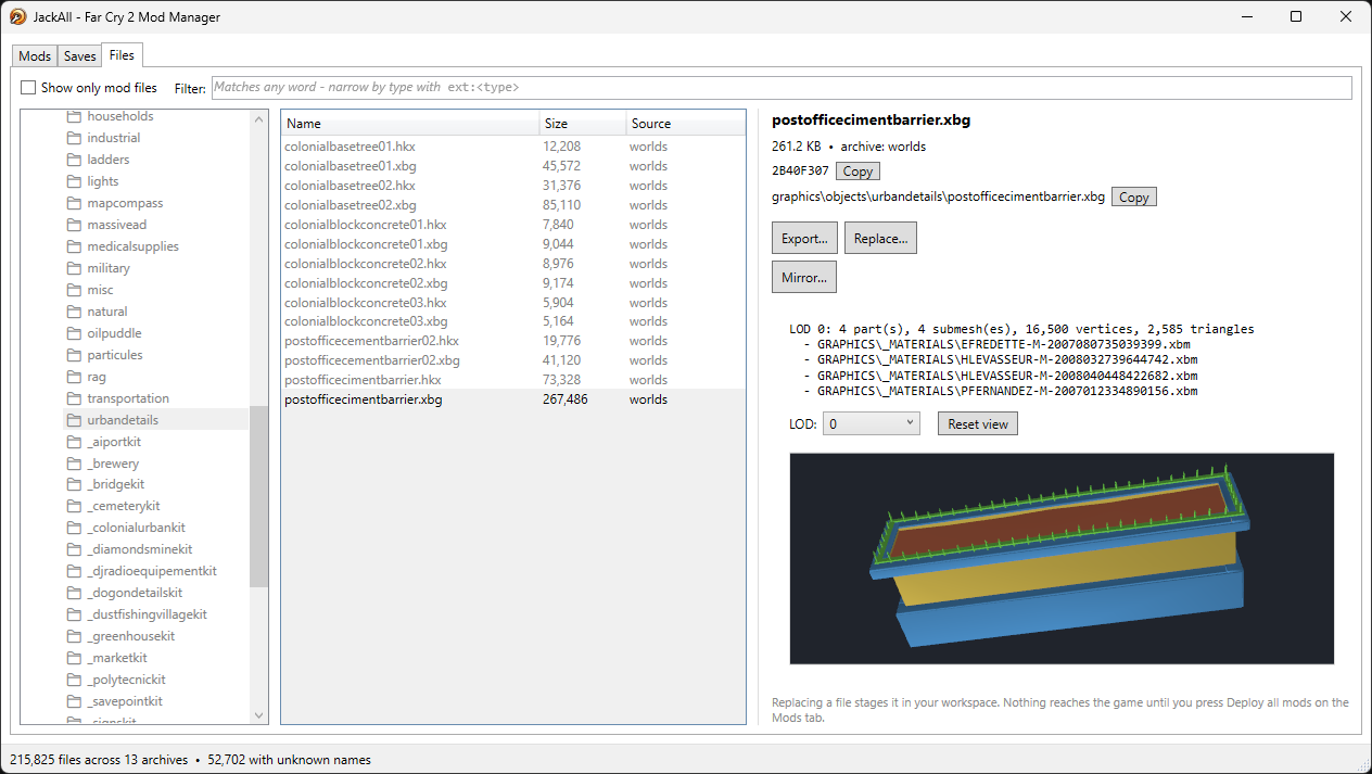 A .xbg mesh, orbitable and split per submesh with its bound materials listed