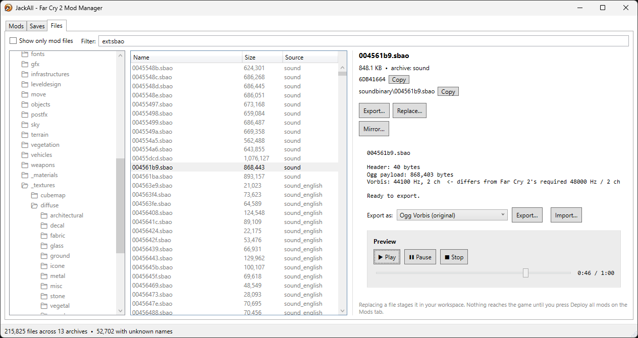 A .sbao entry — header vs. Ogg payload breakdown, with playback preview and export/import