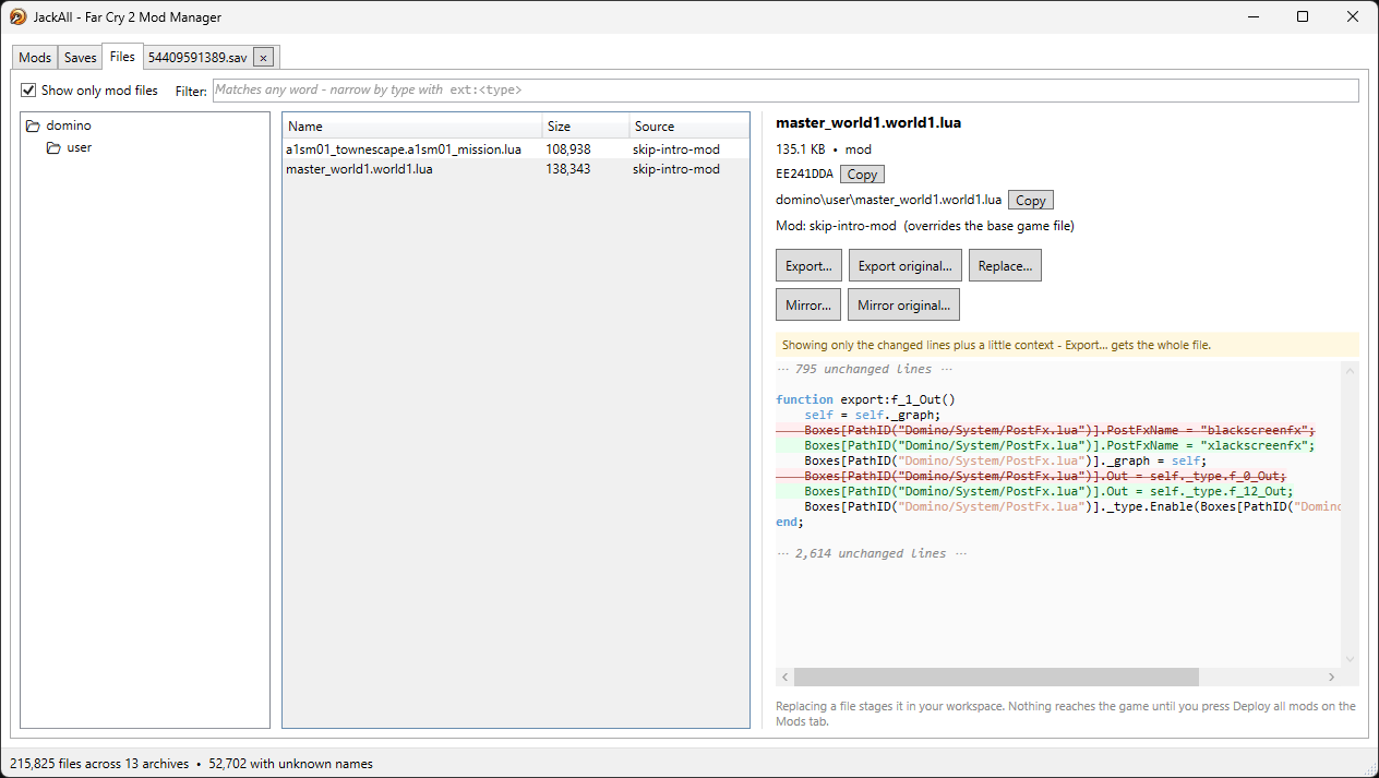 Files tab filtered to mod files only, showing a modded Lua script's trimmed diff against vanilla