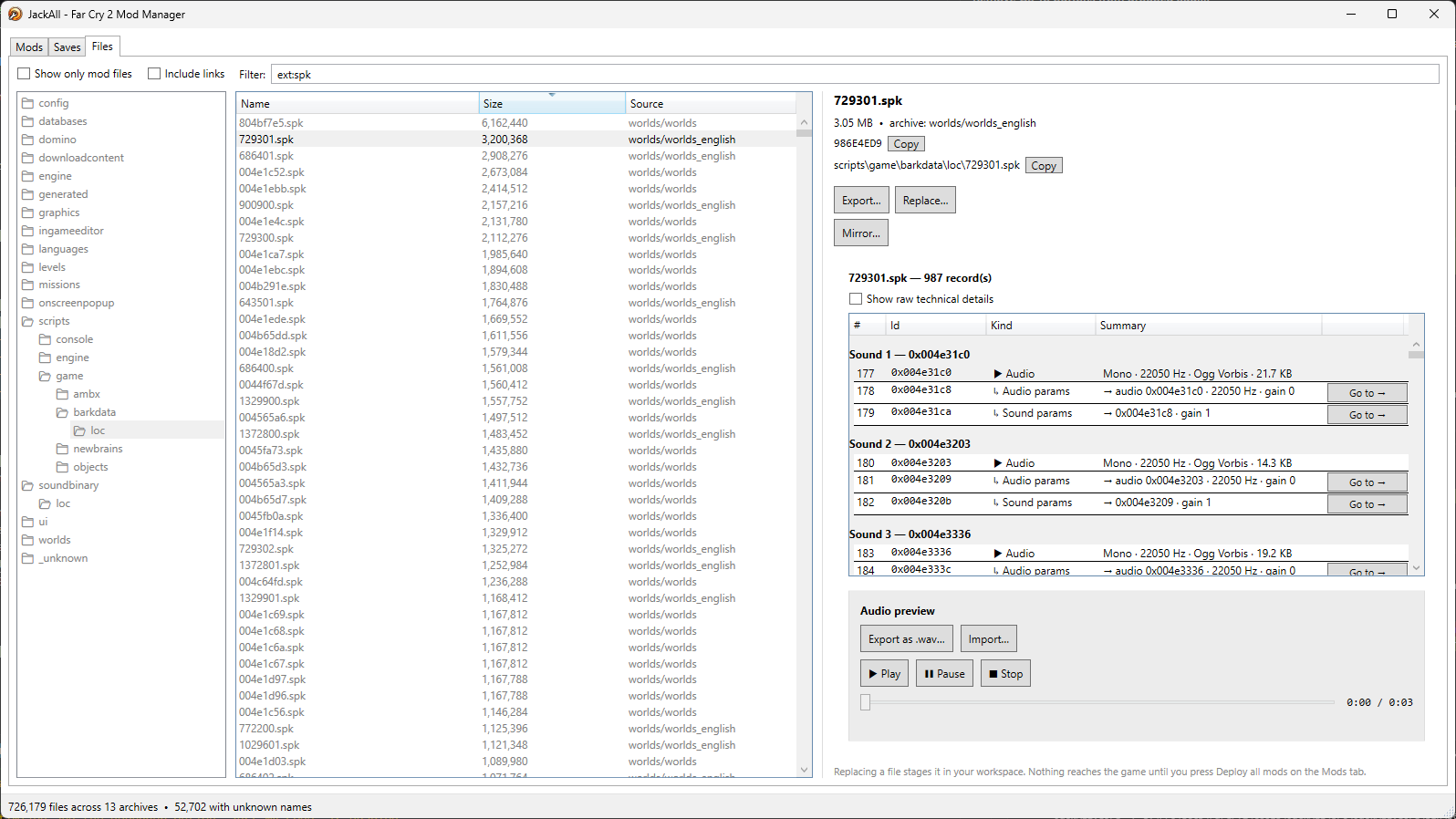 A .spk entry — with playback preview and export/import