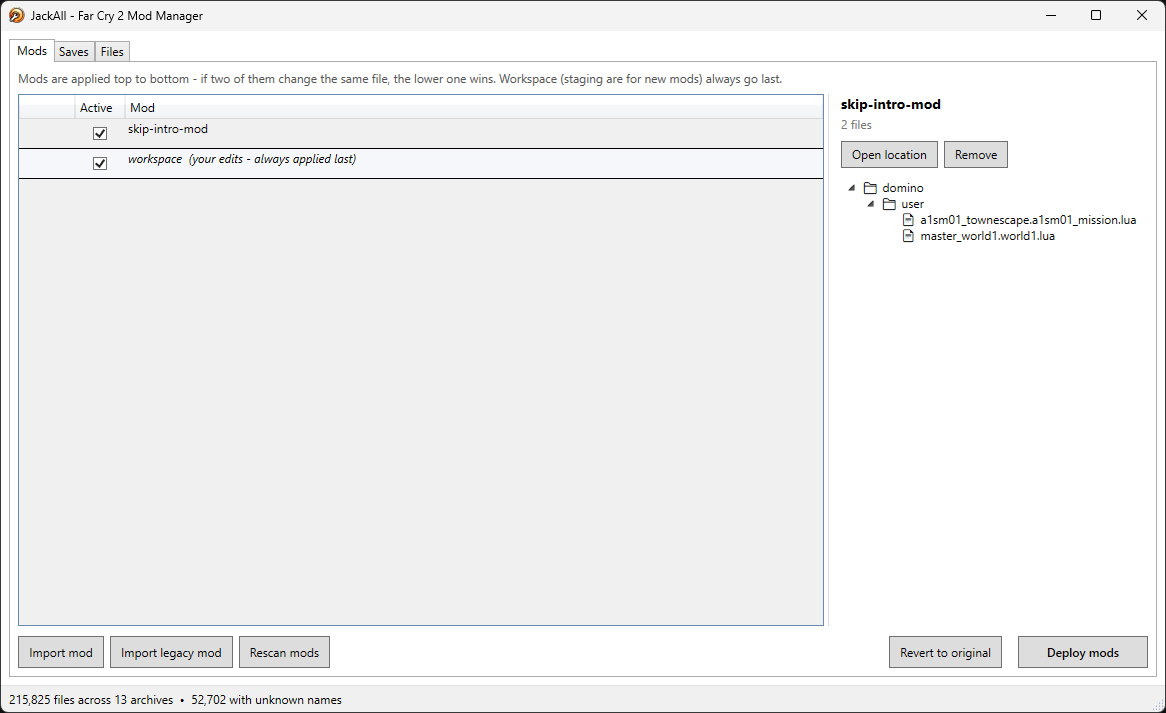 The Mods tab, listing an imported mod and the always-last workspace, both enabled and ready to deploy