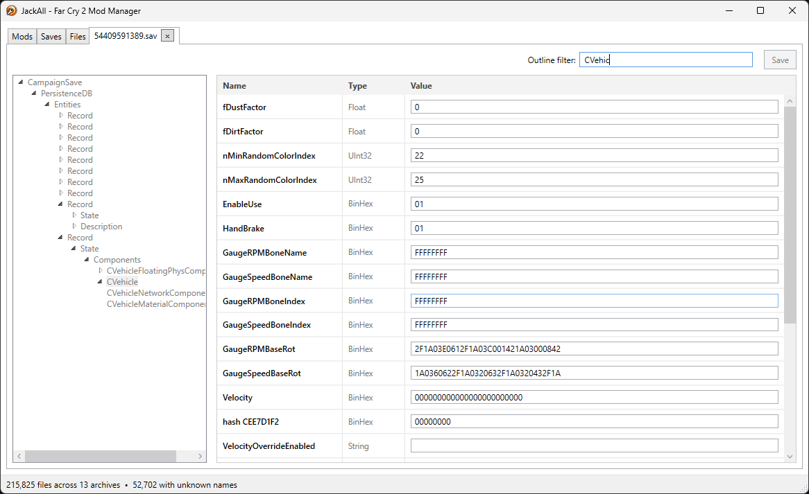 A save's PersistenceDB tree, filtered to CVehicle entries, with editable field values
