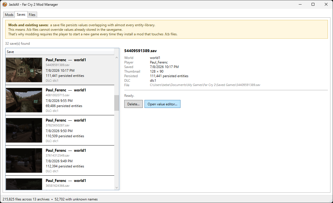 The Saves tab: thumbnails, per-save metadata, and a Delete/Open value editor pair